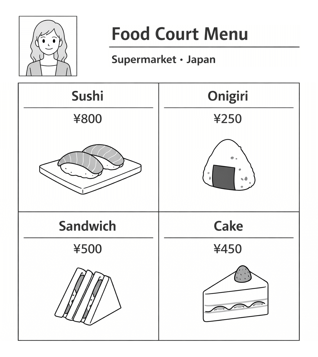 Part B 模擬問題(2) の出題画面例。スーパーのフードコートのメニュー。