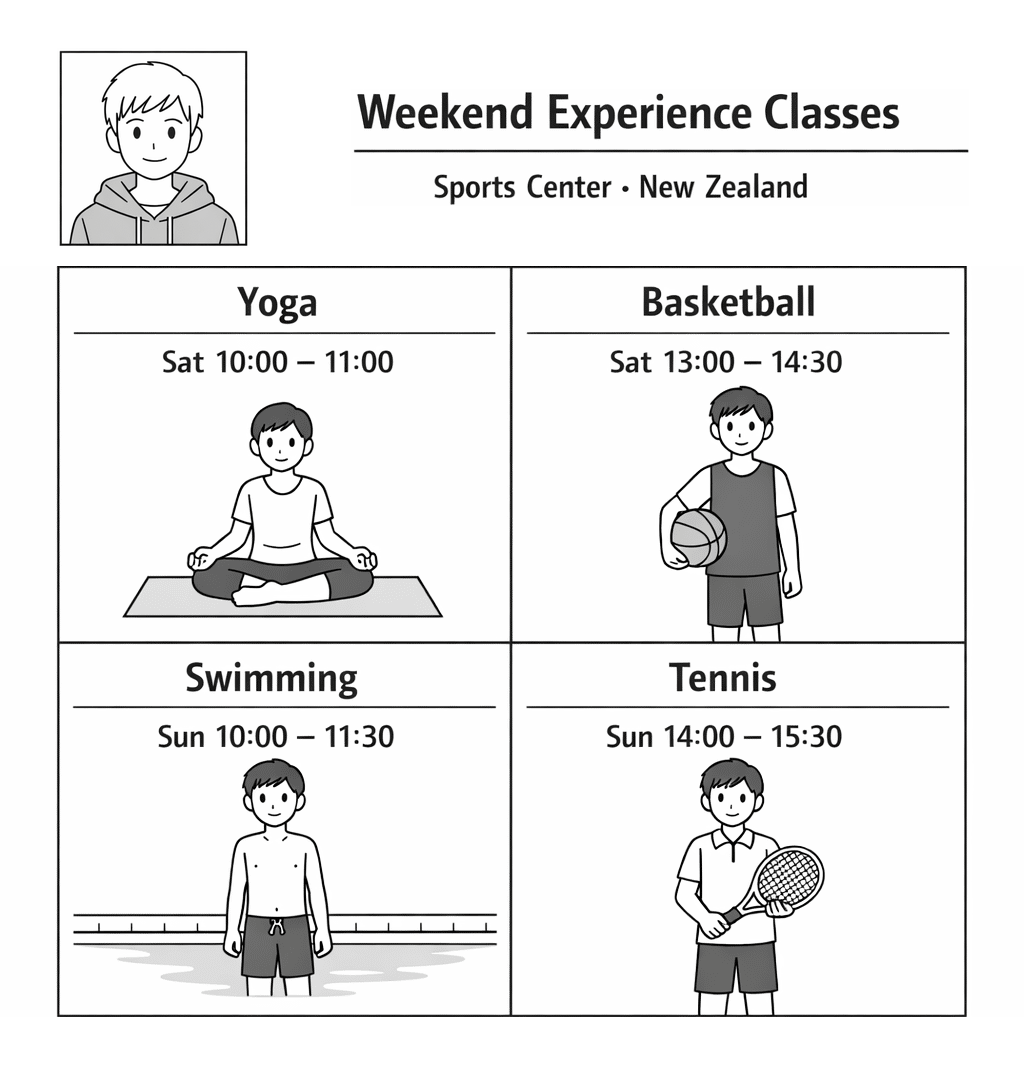 週末クラスの時間割（Yoga / Basketball / Swimming / Tennis）
